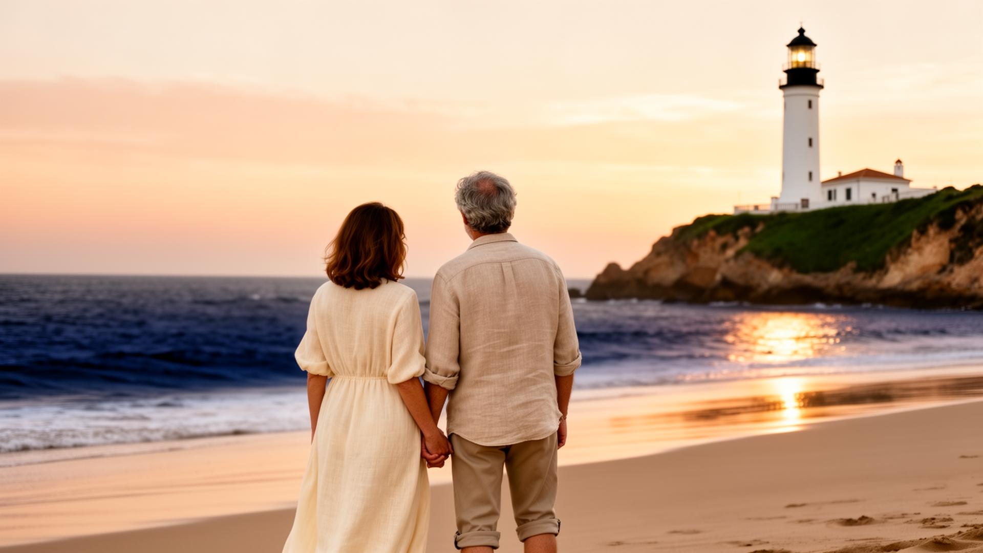 Pareja paseando por la playa al atardecer en la costa de Huelva